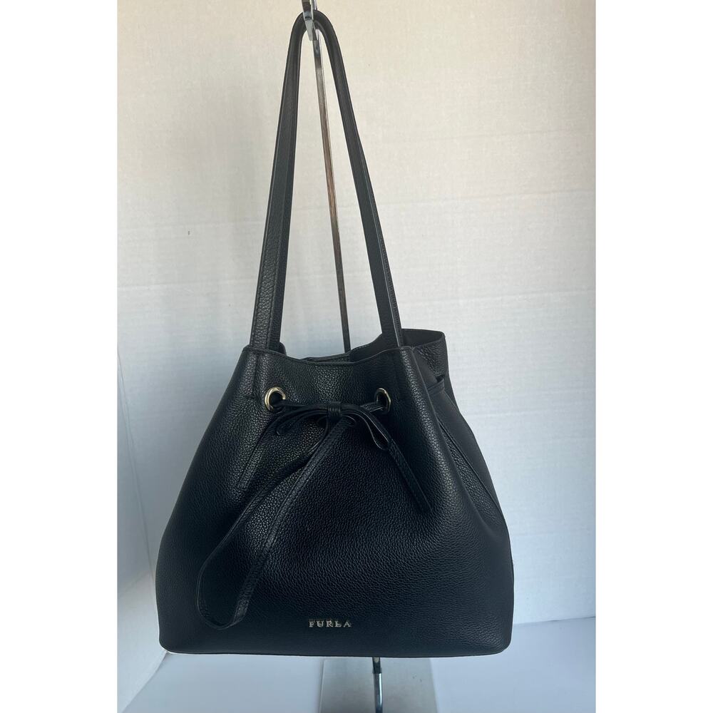 FURLA Costanza Black Pebble Leather Medium Drawstring Bucket Tote Shoulder‎ Bag